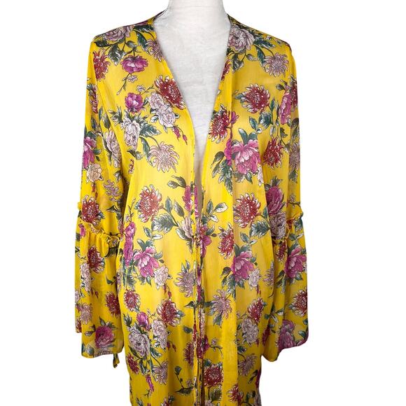 Band Of Gypsies Floral Kaftan Coverup Swim Kimono Yellow Pink Large Tie Closure - Picture 16 of 16